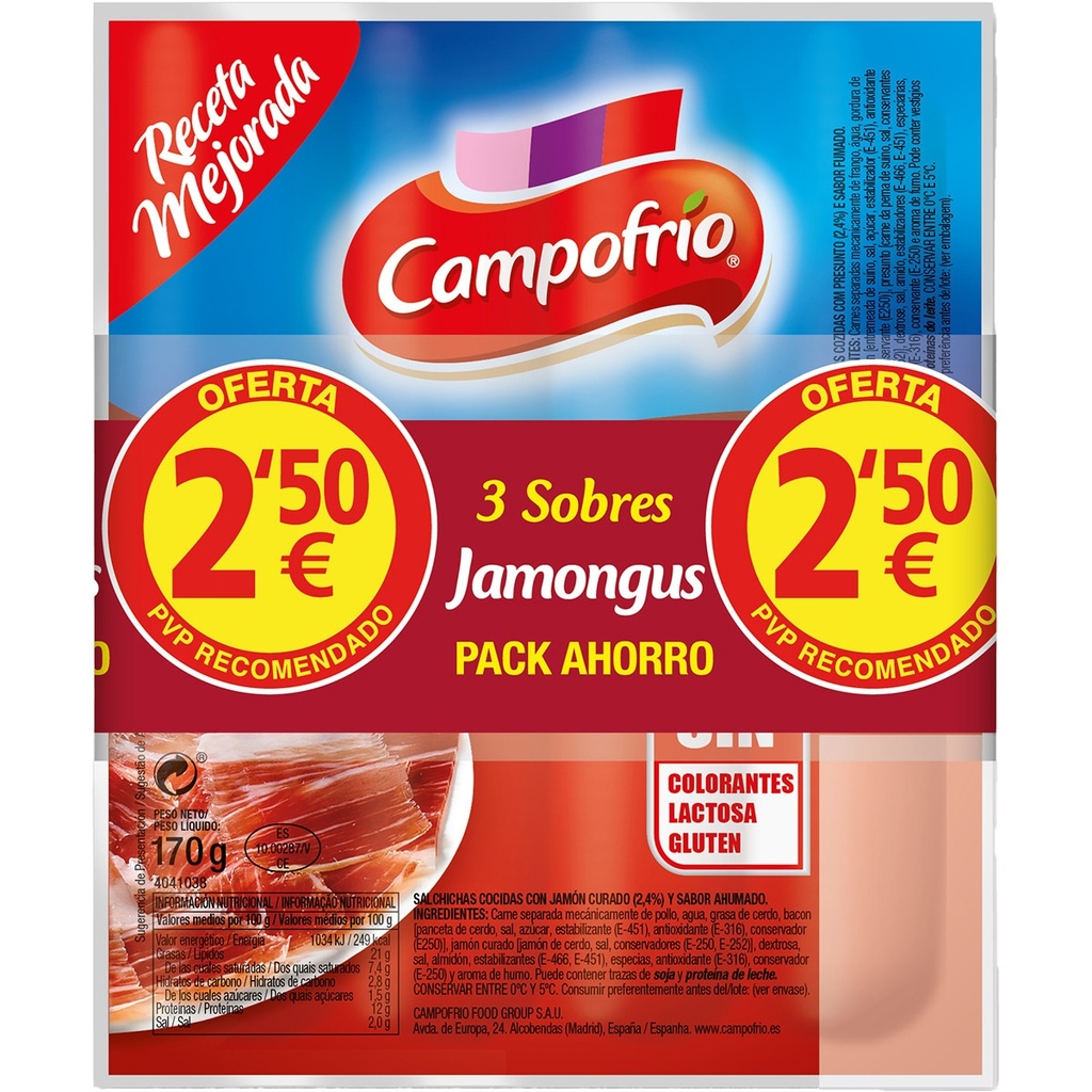 [SALCHICHAS0037] CAMPOFRIO JAMONGUS SALCHICHAS PACK 3X170 GR