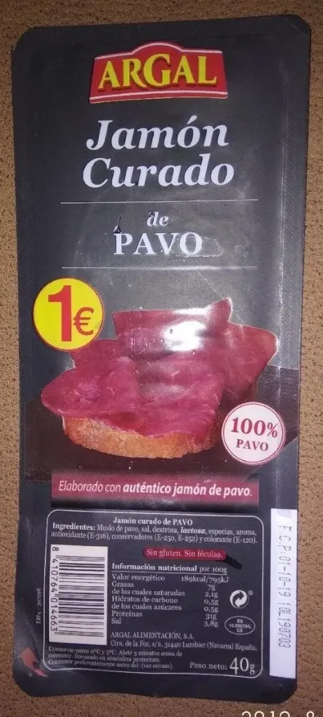 [JAMONPAVO0001] ARGAL JAMON CURADO DE PAVO 40 GR